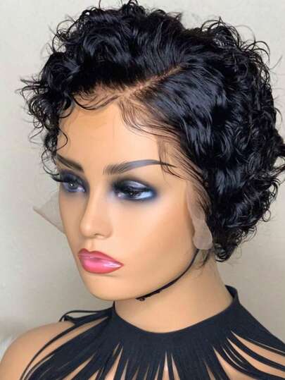 13x4x1 Pixie Cut Lace Front Kinky Curly Wigs Human Hair Soft Breathable Side Part Curly Short Pixie Cut Bob Style For Women Easy To Style And Maintain Kinky Curly Pixie Cut Lace Wigs For Cosplay Party