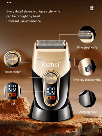 科美 KM-3209 高级男士充电式电动剃须刀带充电底座 - 双网强劲设计，适合干湿胡须剃须