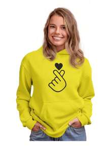 Blusa Moletom Feminino Canguru Estampado Kpop Mão Coreana Coração Dorama Kpop Moda adolescente Teen Diversas cores - Amarelo - Visão 3