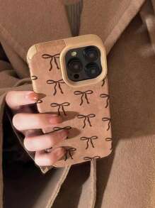 1 pieza Funda de teléfono vintage minimalista caqui con lazo compatible con la serie Apple iPhone 16/15/14/13/12/11 para otoño/invierno
