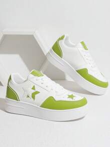 春季新款星形图案厚底女童运动鞋，系带透气软底防滑运动休闲鞋，适合青少年和青年 - 綠色 - 查看 9