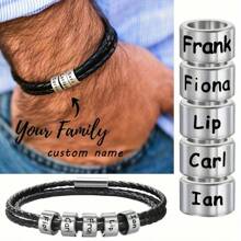 1 pieza Brazalete personalizado de piel de PU negra y acero inoxidable con grabado personalizado con su nombre/familia/nombre de pareja, regalo para familia, pareja, hombres, Día del Padre