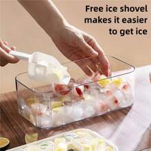 1pc32 Grid Silicone Ice Cube Tray Mould With Lid Shovel Storage Box Remove With One Click Ice Maker DIY Whiskey Cocktail Tools, For Outdoor, Camping