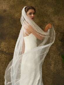 1 pièce Voile de mariée avec bordure perlée à la main, convient pour la cérémonie de mariage, les accessoires photo, l'enregistrement, y compris le peigne à cheveux