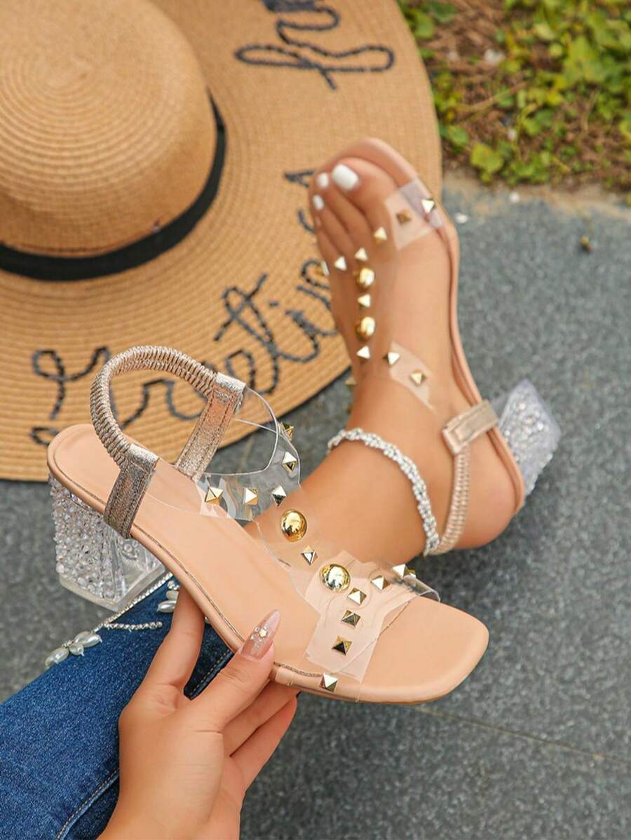 Women's Fashion Transparent Chunky Heel Sandals With Gold Rivets Decor, Paired With Crystal Block Heel, Stylish And Eye-Catching, Suitable For Women, Suitable For Daily Wear Or Street Photography - Gold - View 1
