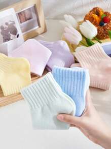 5 双女士短袜，颜色随机，时尚纯色休闲运动透气袜子，春夏 - 彩色 - 查看 6