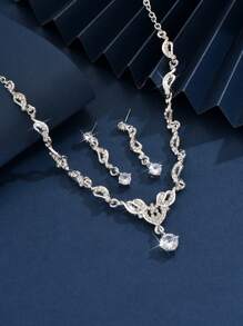 3pcs Women's Heart & Flower Rhinestone Embellished Wedding Jewelry Set