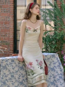 Simple Retro Ladies' Summer Contrast Color Square Neckline Placement Print Romantic Elegant Vintage Bodycon Waist Sleeveless Mid-Length Dress Spring Break