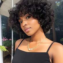 Short Bob Afro Loose Curl Wig With Bangs Human Hair Loose Curly Wave Pixie Cut Wig Bouncy Curls 150% Density Bouncy Curly Egg Wave Spring Curly Put On And Go Wigs For Women None Lace Egg Curl Glueless Wig With Bangs - Black - View 3