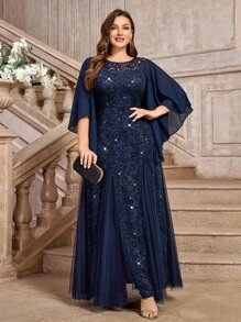 Plus Size Sequins Lace  Cape Cloak Sleeves Tulle Mermaid Hemline Evening Party Long Dress