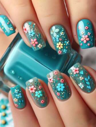 24Pcs Spring And Summer Short Square Fake False Nails Art Blue Small Flowers Press On Nails Set Nail Supplies Nails