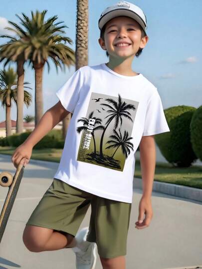 Purechapter 2 Pieces Tween Boys Hawaiian Beach Palm Tree & Letter Print Knitted Loose Short Sleeve T-Shirt And Cargo Shorts Set, Summer