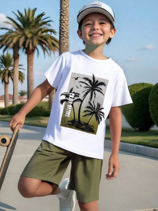 Purechapter 2 pièces Set t-shirt à manches courtes lâche en tricot et short cargo avec imprimé lettre et palmier hawaïen pour préados, été