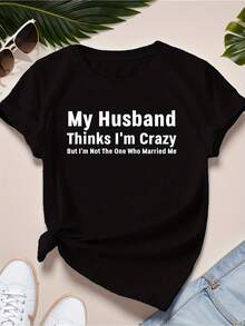 Plus Size My Husband Married Crazy Women Sports Short Sleeve T-Shirt Women Size L-3XL 4XL 5XL - 黑色 - 查看 1