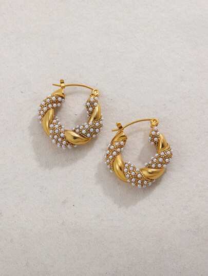 1 Cặp Hoa tai xoắn thép không gỉ mạ vàng 18K đính đá Cubic Zirconia và ngọc trai giả, thiết kế phóng đại