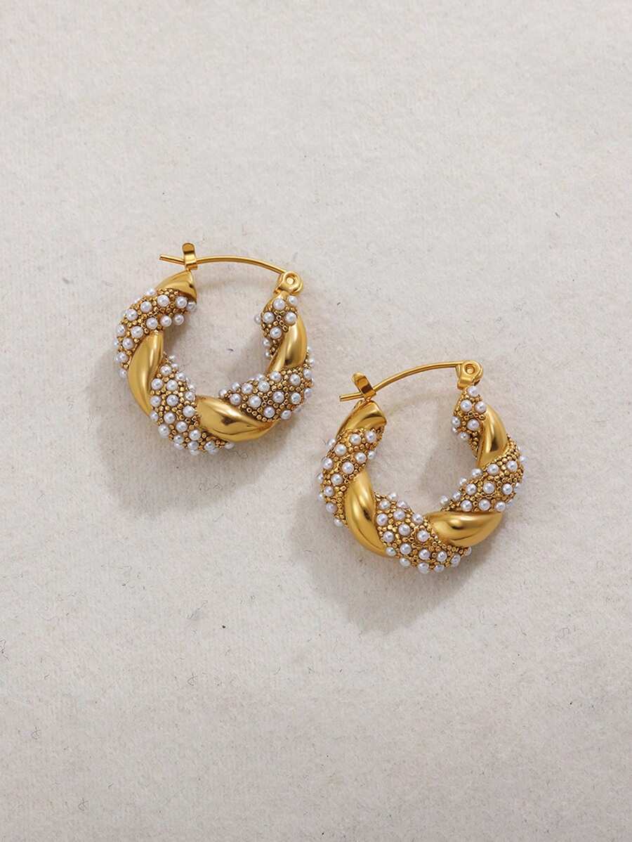 1 Cặp Hoa tai xoắn thép không gỉ mạ vàng 18K đính đá Cubic Zirconia và ngọc trai giả, thiết kế phóng đại - bông tai - Xem 1