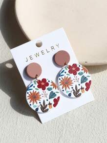 1 Pair Women Daisy Flower Printed Clay Texture Cute Elegant Acrylic Round Earrings - Multicolor - View 5