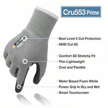 DEX FIT Level 5 Cut Resistant Gloves Cru553 Prime, 3D-Comfort Fit, Firm Grip, Thin & Lightweight, Touch-Screen Compatible, Durable, Breathable & Cool, Machine Washable; Grey S (7) 1 Pair - 頂級灰色 - 查看 2
