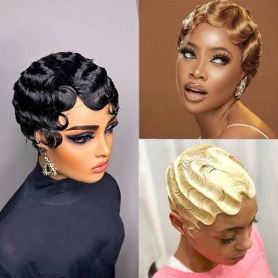 Curly Wavy Finger Wave Wig, Peruvian Remy Human Hair, Short Pixie Cut Wig, Women's Curly Lace Front Wig, Fully Hand-Tied, Adorable Finger Wave Style, Short Ocean Wave Pixie Wig, Suitable For Halloween Costume