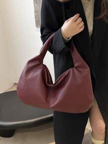 复古手拎大容量欧美风编织格纹托特包，时尚超大酒红色优雅手提包 - 酒紅色 - 查看 4