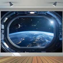 Polyester-Hintergrund mit Weltraumthema - Design mit Raumschiff und Erde, geeignet für Geburtstag, Jahrestag und Feier, für Innen- und Außenbereich