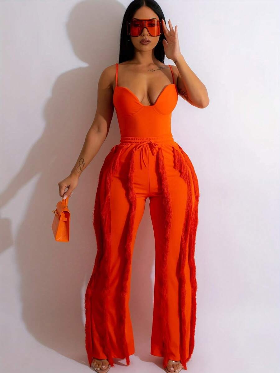 Women 2 Piece Outfits Fringe Tassel Long Pants Set Adjustable Suspenders Bodysuit Strap Clubwear Jumpsuits Solid Color Wave Pattern, V-Neck Suitable For All Seasons, Elegant Backless  Semi Transparent Camisole Straight Leg Pants For Spring And Summer - trái cam - Xem 1