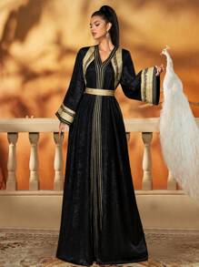 AmazingHoney 优雅的黑色和金色刺绣 Jalabiya 配腰带，迪拜风格长袍，女士奢华长袍，长袍，长袍，阿拉伯女士连衣裙（超大尺码 - 请查看尺码表），适度 - 黑色 - 查看 1