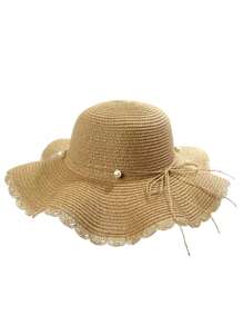 1 件女式卡其色宽边草帽，夏季海滩度假防晒草帽，沙滩帽，旅行太阳帽，防风帽 - 卡其色 - 查看 4