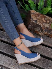 New Korean Style Summer Sexy Comfortable Open Toe Wedge Heel Waterproof Platform Increased-Height Espadrille Blue Women Sandals
