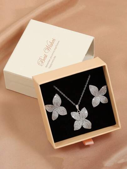 3 件男士锆石铜立方叶形项链和耳环套装，简约且适合日常佩戴