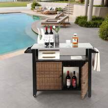 Outdoor Kitchen Wicker Island Rolling Cart & Storage Cabinet, Wheels And Stainless Steel Extended Table Top, Side Handle For Patio Kitchen Or Bar Cart
