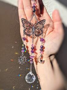 1pc Purple Amethyst Butterfly Car Hanging Decor, Outdoor Garden Pendant Decoration, Purple Crystal Butterfly Sunglass Car Rearview Mirror Ornament