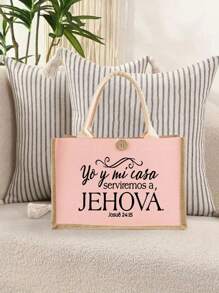 This Women's Linen Bag Printed With "Jehovah" Jesus-Themed Letters, Meaning God, Jesus, Christianity, Can Be Used As A Religious Activity Bag, Shopping Bag, Portable Multipurpose Cosmetic Bag, Lunch Bag, Student Backpack, It Is The Best Gift For Women, Mothers, Teachers, Friends, Bridesmaids, And Can Also Be Used As A Casual Storage Bag And Multipurpose Shopping Bag. - Pink - View 4