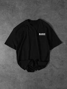 Shwiy 1pc Men's Casual Versatile Simple Angel Print Short Sleeve T-Shirt, Suitable For Spring/Summer Everyday Wear - Black - View 2