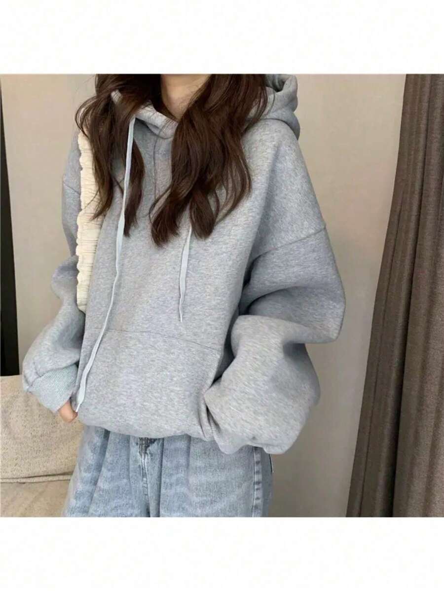 Women's Solid Color Hooded Sweatshirt With Lining And Drawstring - 淺灰色 - 查看 1