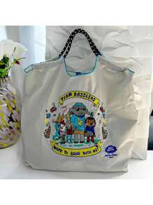 1pc New Fashion Embroidered Animal Pattern Collapsible Tote Bag, Large Capacity For Commuting, Party, Travel, Shopping And Beach Use