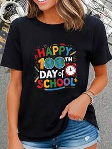 Happy 100th Day Of School Colorful Classroom Costu , Short Sleeve Crew Neck Shirt,Cotton Top For Women