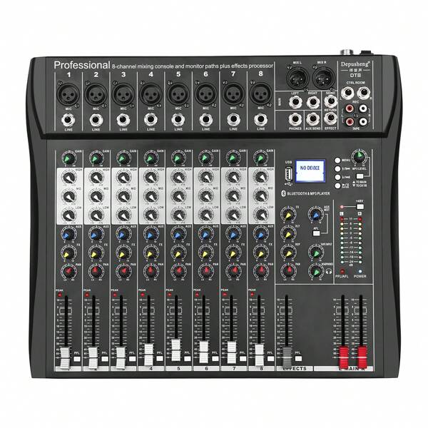 DEPUSHENG Mezclador de audio profesional Depusheng DT8, sistema de consola de 8 canales, interfaz USB digital, entrada MP3 para computadora, alimentación fantasma de 48 V, estudio de DJ estéreo