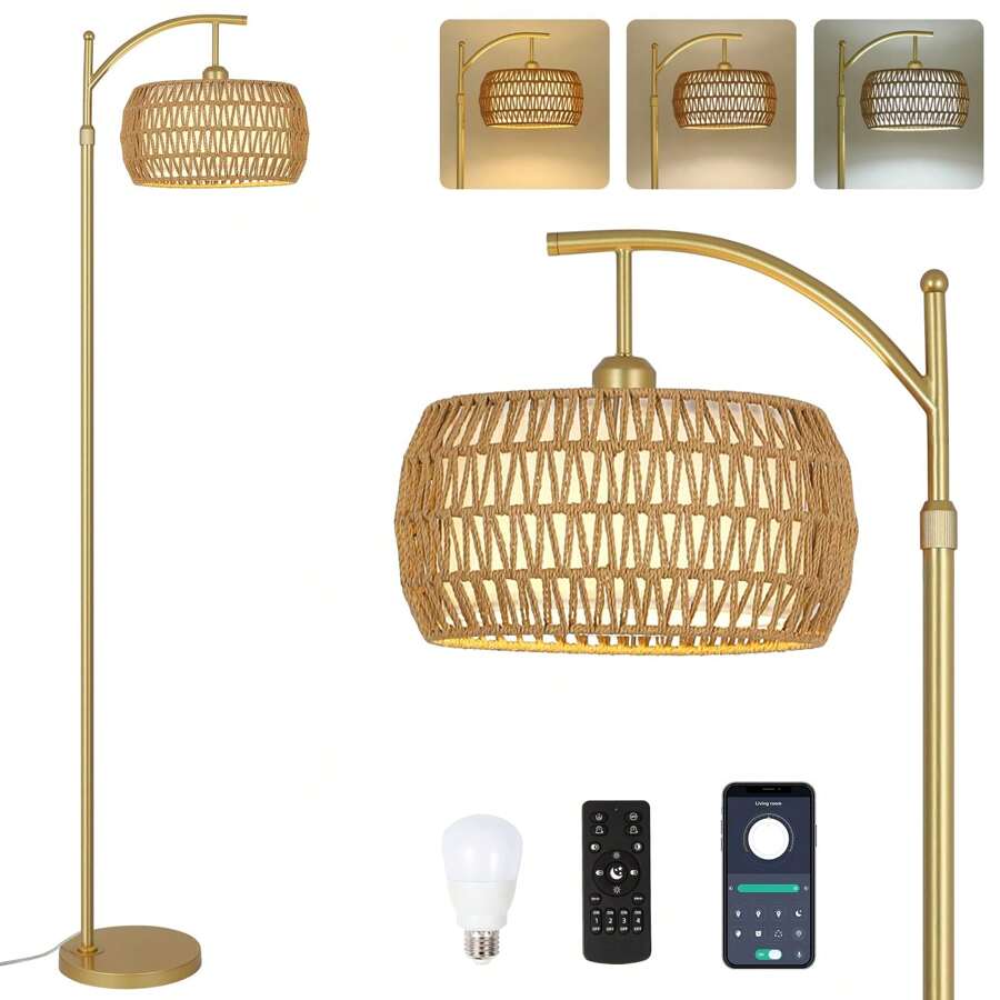 Arc Floor Lamp With Remote Control, Dimmable LED Floor Lamp With 3 Color Temperature, Black Standing Lamp With Rattan & Fabric Double Drum Shade, Boho Farmhouse Tall Pole Lamp For Living Room Bedroom - US A Type Plug(110-127V) - View 1