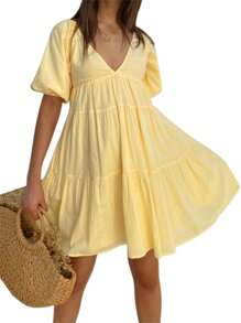 Women's Casual Summer Dress Plunge V Neck Short Puff Sleeve Skater Short Dresses Tiered Flowy Swing Babydoll Sundress - 黃色 - 查看 7