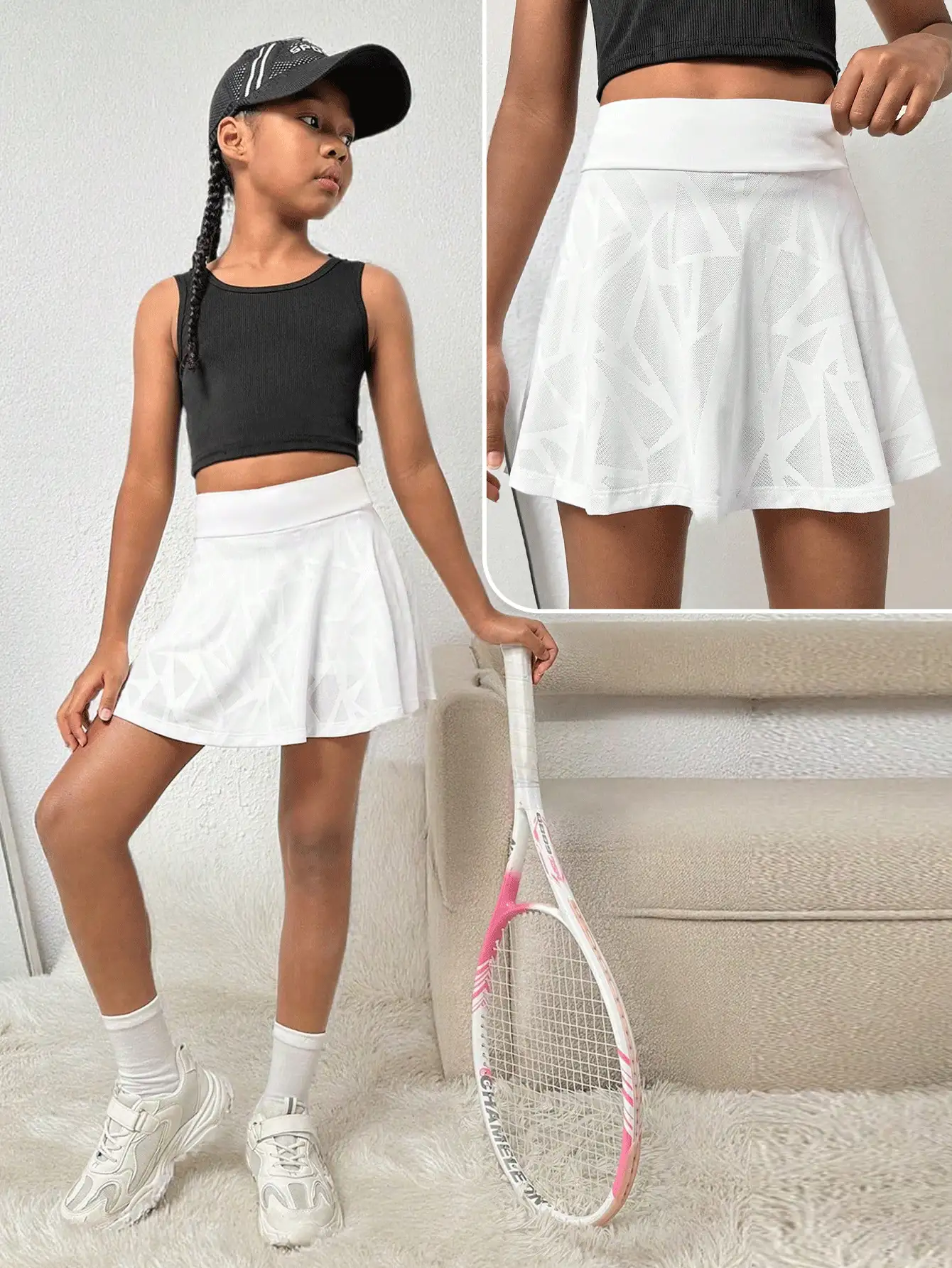 1 件女童提花高腰百褶裙，白色，适合跑步、骑自行车、瑜伽、健身、体操、舞蹈、网球