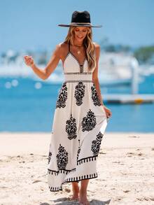 popvil Boho Printed Backless Cross Halter Maxi Dress For Summer Vacation - Beige - View 6