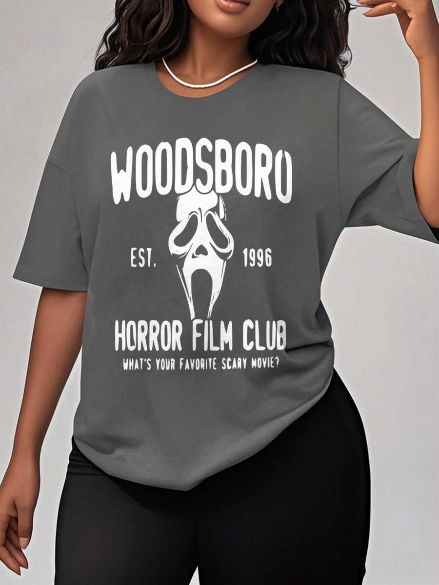 Oversized Style For Women, Woodsboro Horror Club Shirt, Scream-Ghost Tee, Horror Shirt Scary , Christmas T-Shirt, Christmas Shirt, Ghost, Oversize Type Shirt For Women, Perfect For Holiday Parties Or Gift Giving, Soft And Comfortable - Dark Grey - View 1