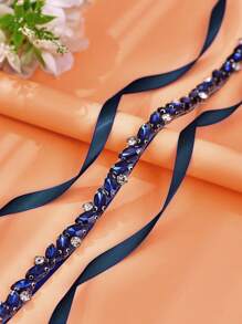 1 Pc Rhinestone Bridal Sash, Bridesmaid Dress Thin Waist Belt, Women's Daily Outfit, Party Occasion Dress Waist Accessory Valentine's Day Accessories - Navy Blue Ribbon - View 10