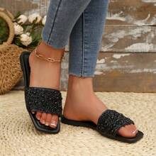 女士单趾带水钻装饰凉鞋，夏季休闲百搭户外塑料平底拖鞋 - 黑色 - 查看 8