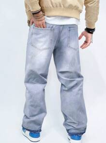 街头风格破洞浅蓝色直筒休闲牛仔裤，时尚宽松男友风牛仔裤 - 藍色 - 查看 2