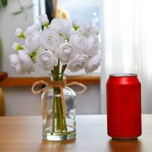 Ranunculus Artificial Flowers With Vase, 8 Pcs Faux Silk Ranunculus Flower In Vase, Small Flower Arrangements For Home Decor Indoor, Table Centerpiece. - White - View 4