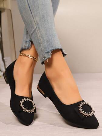 女士平头尖头一脚蹬鞋，新款软底低跟休闲乐福鞋，防滑办公工作鞋，时尚水钻轻便透气纯色平底鞋