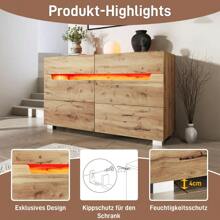 Komoda, kredens drewniany z 6 szufladami, oświetlenie (sterowanie aplikacją), uniwersalny mebel do salonu i sypialni, 71 x 120 x 40 cm, dąb