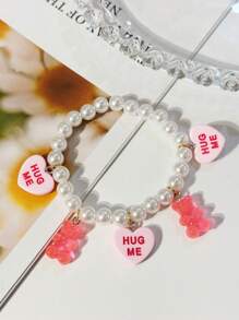 1 件可爱卡通熊心和人造珍珠串珠弹性手链女士 - 愛心小熊串珠手鍊 - 查看 8
